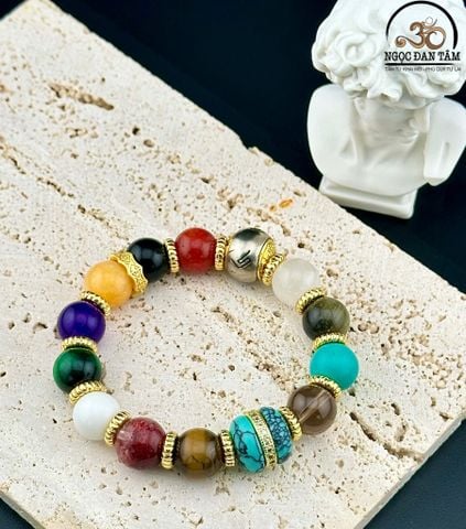 Vòng Tay Đá Phong Thủy Đa Sắc Phối Charm Đá Lam Ngọc